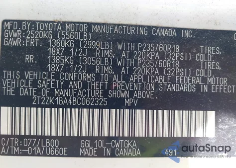 2011 Lexus Rx 350 from USA, damaged, VIN 2T2ZK1BA4BC062325